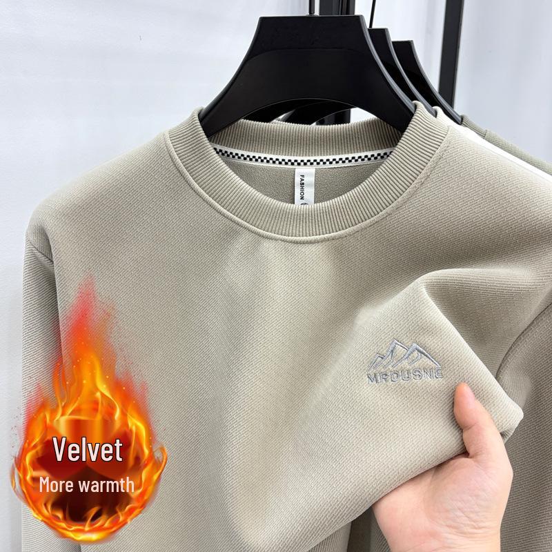 Men s Velvet Knit Round Neck Warm Base Layer Top - Douyin Autumn/Winter Bestseller XXL хаки