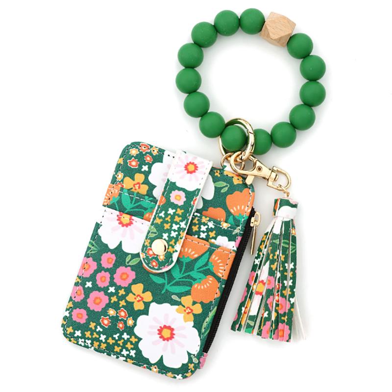 

Силиконовый брелок из искусственной кожи с бусинами, на запястье, держатель для кредитных карт, брелок для ключей, кошелек для женщин, розовый цветочный принт, кошелек