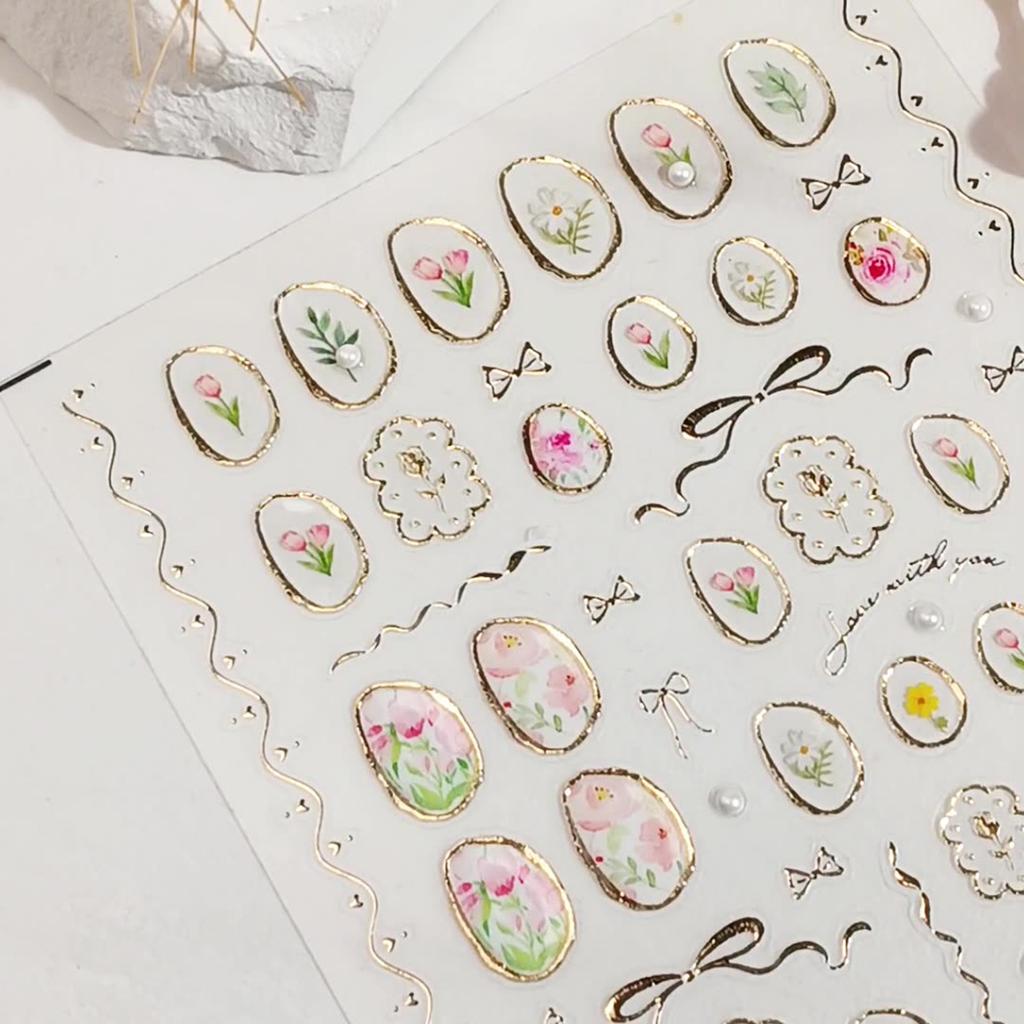 Nail Stickers with Tulip, Pearl  Ribbon Designs, Self-Adhesive Nail Art Decorations, Waterproof 3D Stereo Effect