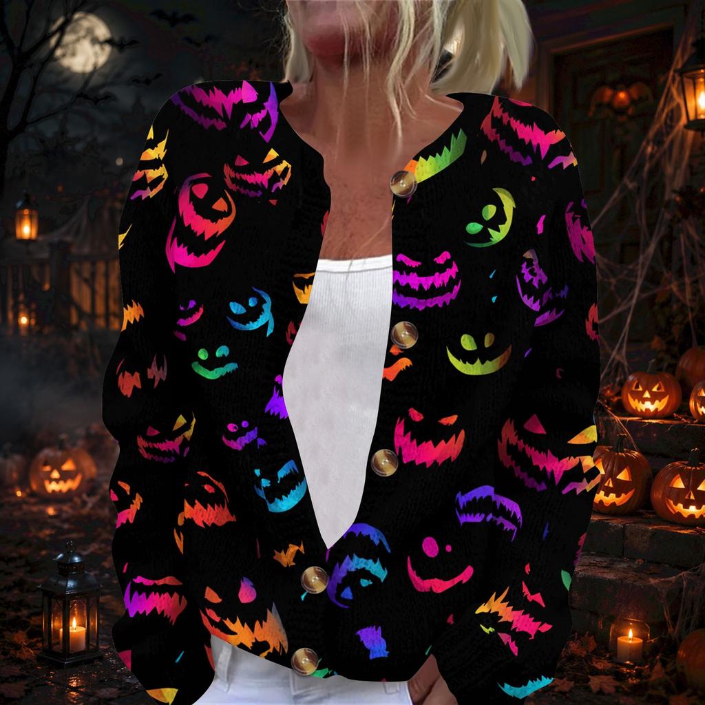 Women's Long Sleeve Cardigan with Halloween Print Button Front for Party Outwear