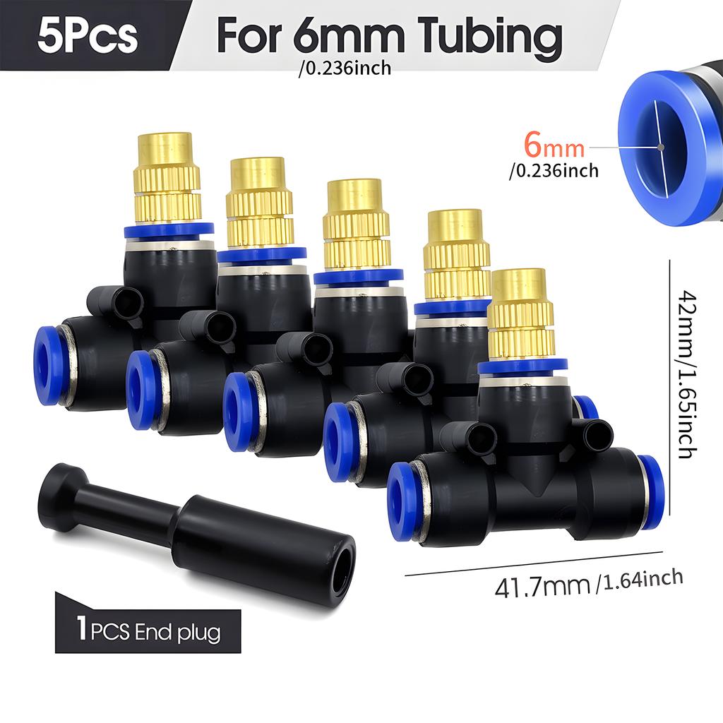 Brass Misting Nozzle with Tee Adapter Adjustable Atomizer Sprayer Outdoor Garden Irrigation Watering 6/8/10/12/14/16mm PE Tubing