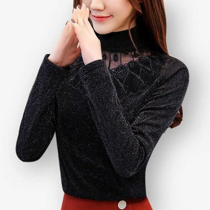 Women Bottom Lace Mesh Diamonds Blouse Autumn Winter Slender Warm Long Sleeves Shirt Elegant Vintage Solid Hollow Out Tops