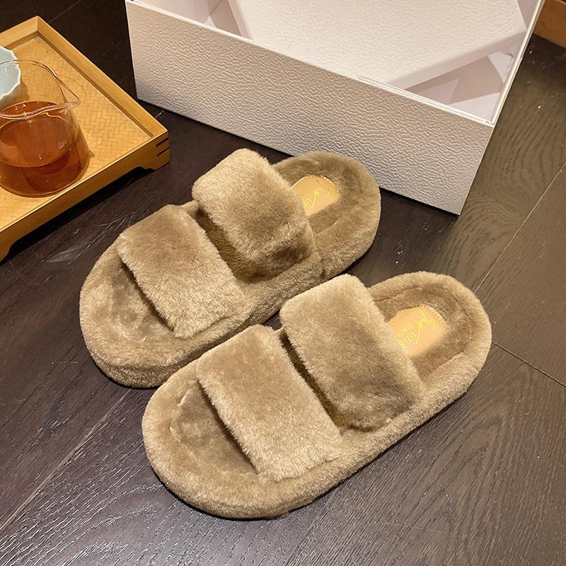 

Mao Mao slippers women s wear 2025 autumn and winter new Korean version cross belt thick bottom fashion round head plush slippers 42 хаки