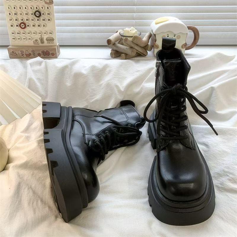 Stivali da Donna con Plateau Tacco Alto Moda Zip Laterale Stivaletti Stile Britannico Punta Tonda Ecopelle Suola in Gomma Scarpe da Donna