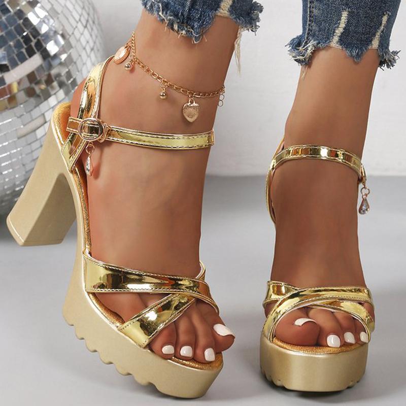 Fashion Summer Luxury Diamond Buckle Strap Women's Pumps Square Heel Solid Pumps Shoes Women Fashion Pu Platform High Heels Female