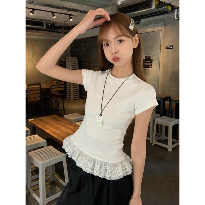 

Special Offer, Sweet Lace Splicing Hems Crew Neck Short Sleeve T-Shirt Women s Summer S