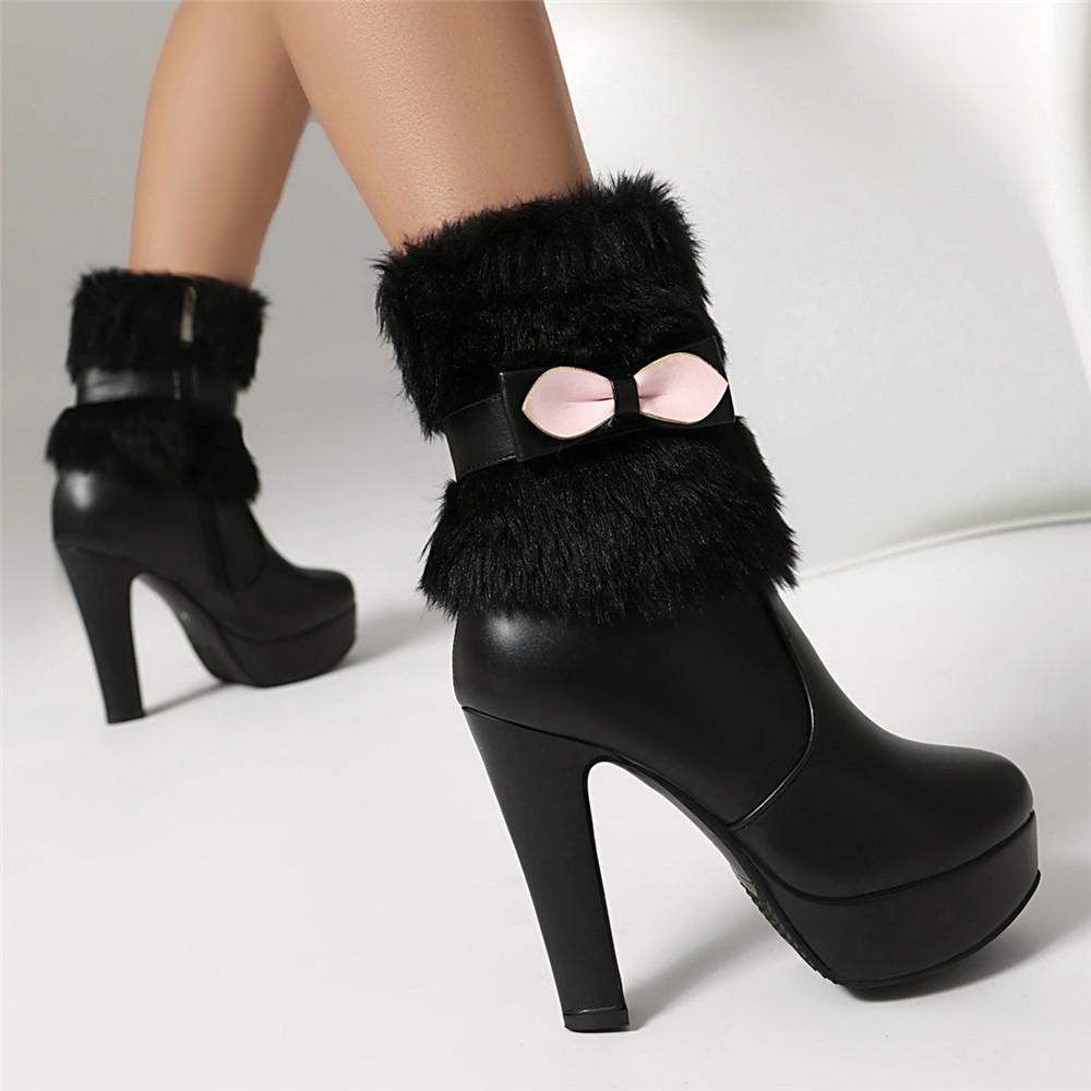 Fashion 2025 Winter Womens Fashion High Heel Boots White Black Fur Tassel Bowtie Lovely Lolita Ladies Party Wedding Shoes Size 35-43
