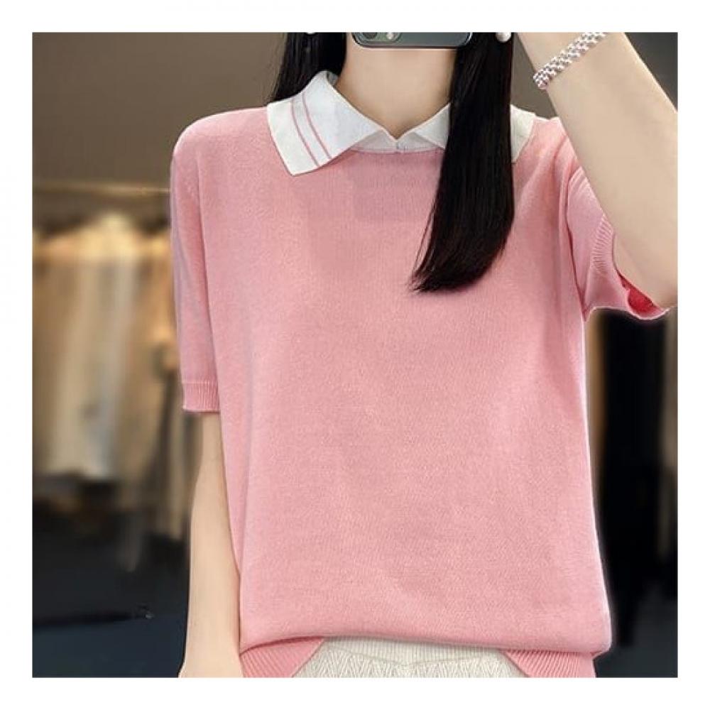 Navava Women Lovely Fresh Short Sleeve Collar Knit Nk2070