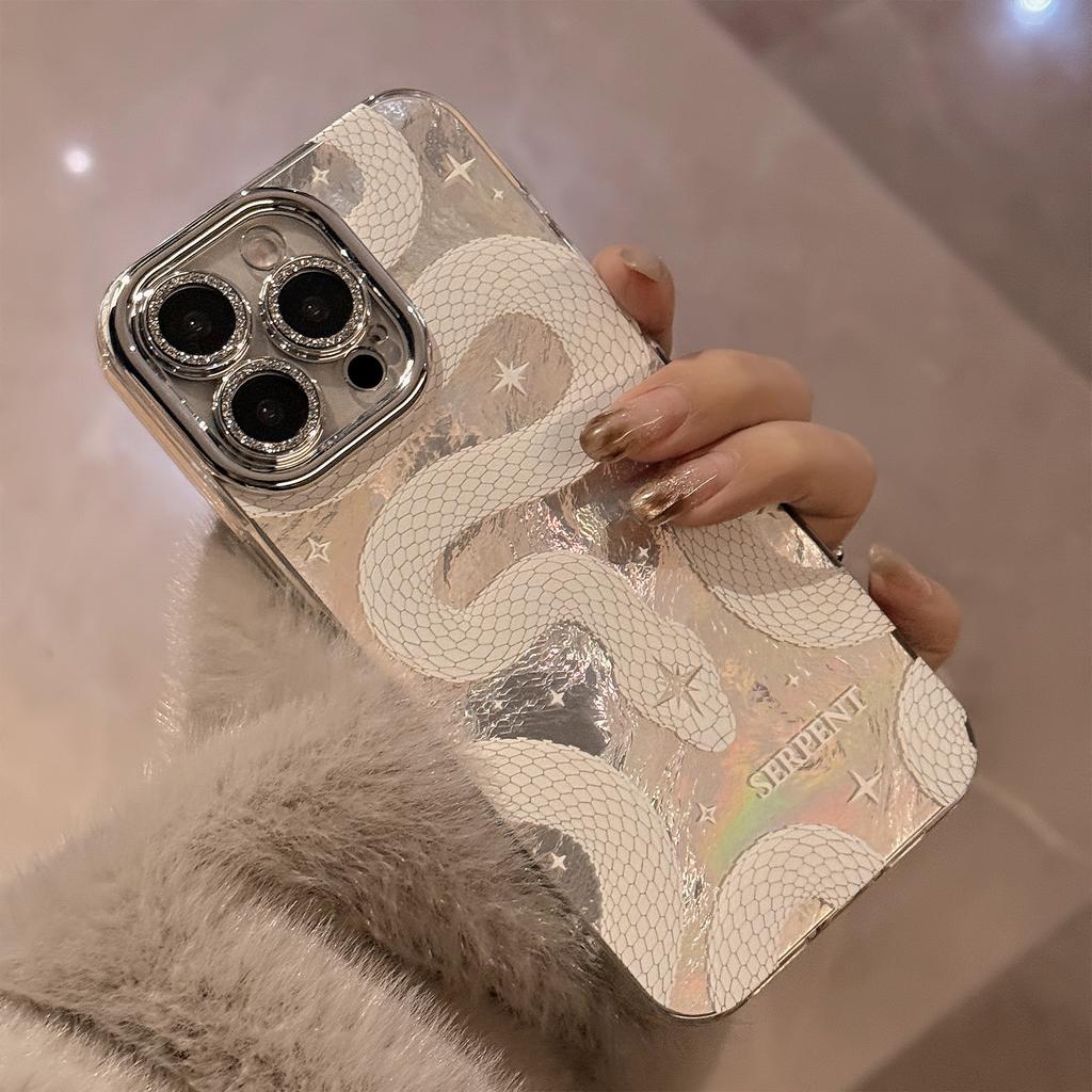 White Python Pattern Mobile Phone Case Suitable for Apple 17promax Lens Film Iphone16 Hard 12 High End Sense 14 Flash Powder