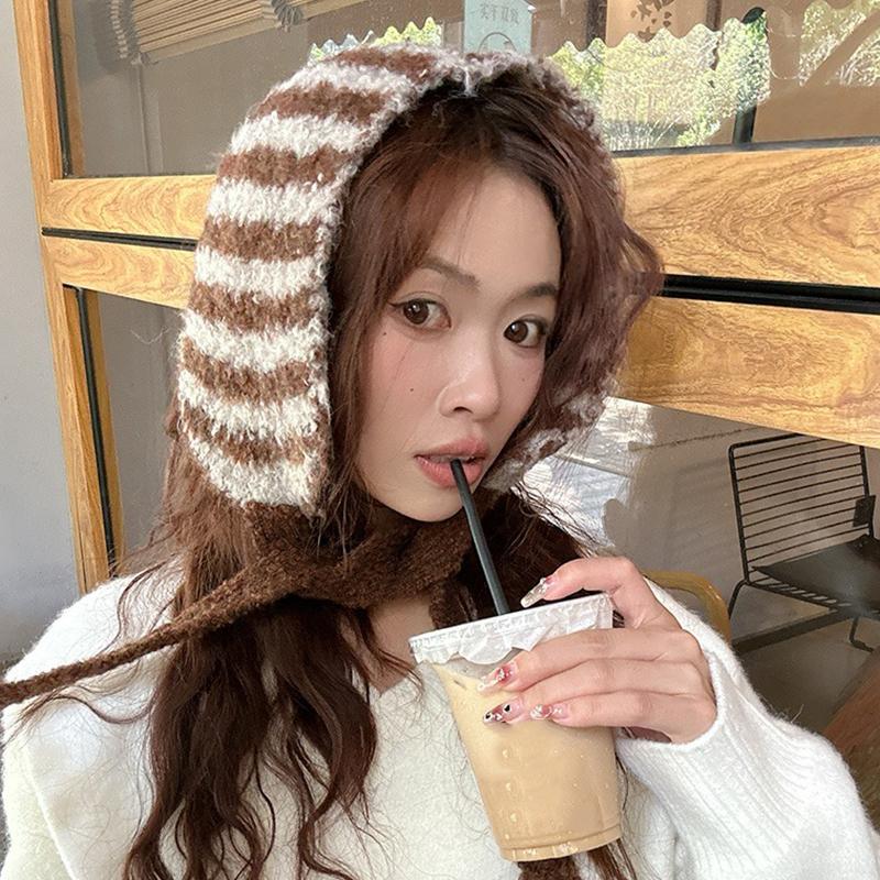 Small Scarf Women Korean Style Neckband Ear Warmer Dual-Purpose Hat Striped Knitted Wool Versatile Cute Neckband