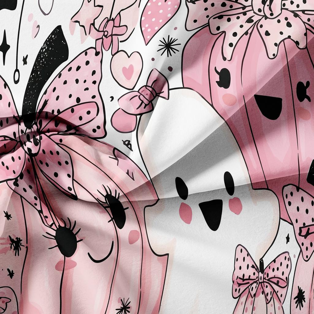 3Pcs Coquette Pink Bow Pumpkin Ghost Print Duvet Cover Set, Polka Dot Bow Pumpkin Bat Spider Web Ghost Print Halloween Bedding