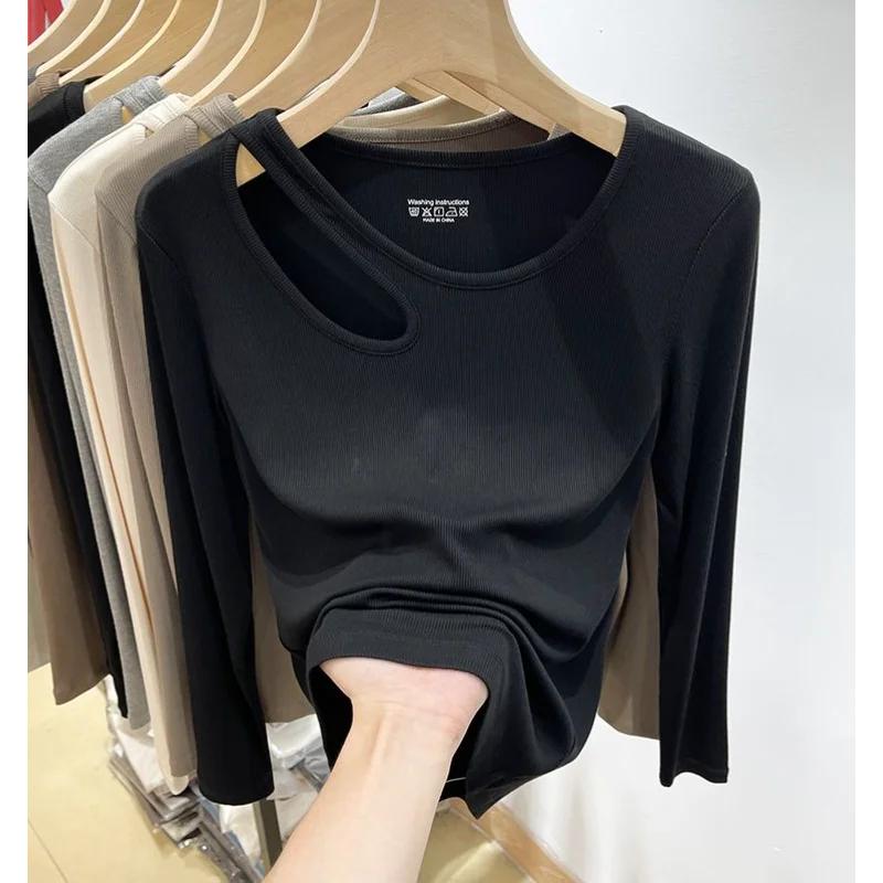 Threaded Long-sleeved T-shirt for Women in Spring and Autumn New Slim Stretchy Inner Bottoming Hollow Top