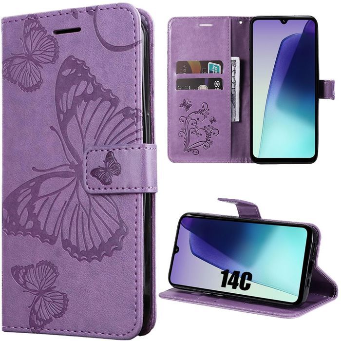 Silicone Case - E.F.CONNECTION - For Xiaomi Redmi 14C - Shockproof - Purple Leather Effect - Butterfly Pattern
