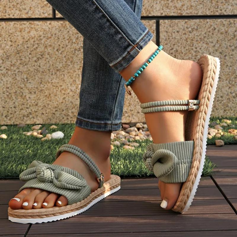Bow Flats Women Slippers Casual Summer New Woman;s Sandals 2025 Trend Cozy Flip Flops Walking Dress Knitting Mujer Zapatillas