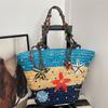 2026 New Bohemian Starfish Straw Tote Bag Women Beaded Handle Large Capacity Shoulder Bag Summer Beach Vacation Travel Handbag