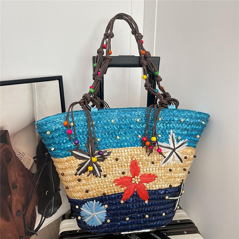 2026 New Bohemian Starfish Straw Tote Bag Women Beaded Handle Large Capacity Shoulder Bag Summer Beach Vacation Travel Handbag