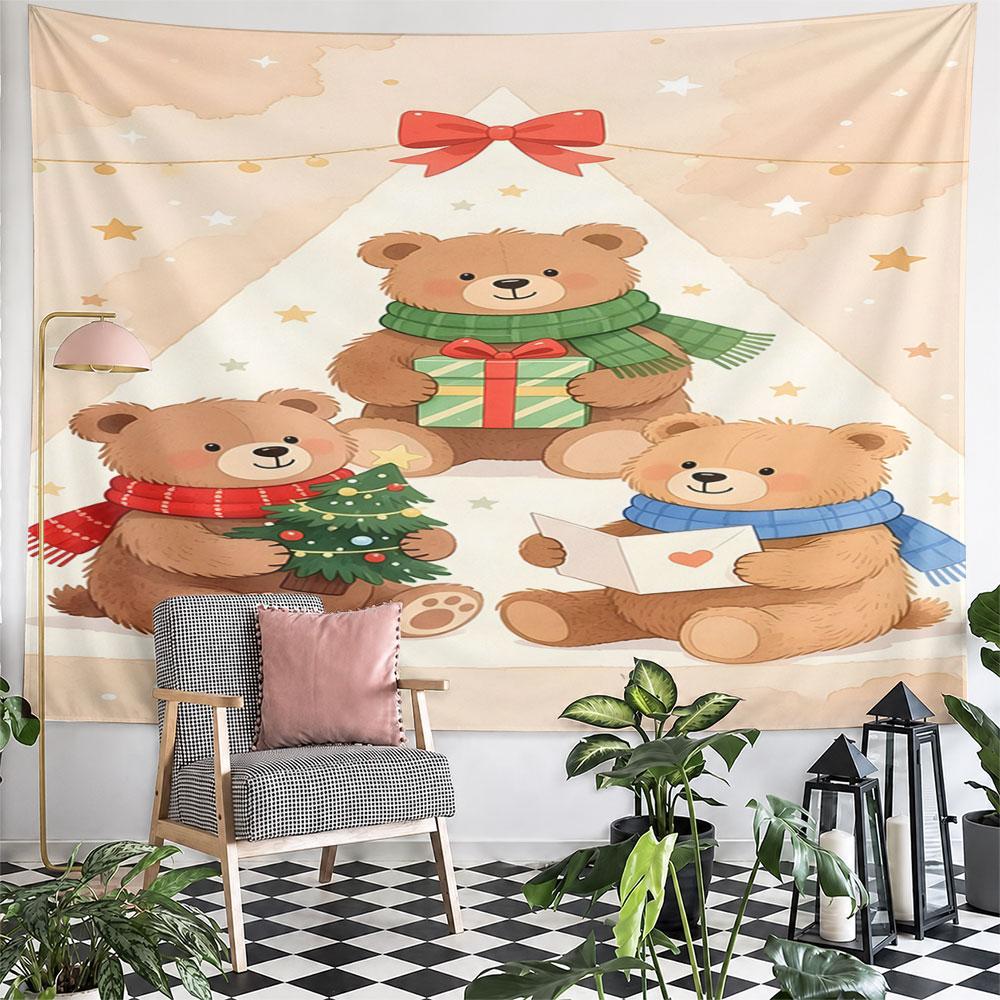 Cute Christmas Bears with Gifts and Tree Pattern Wall Hanging Tapestry Decorative Tapestry Home Decor for Bedroom and Living Room