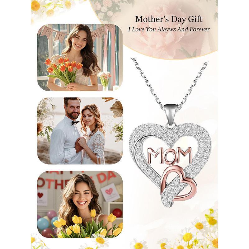 Mother's Day Gift Two Tone Full Rhinestone Heart MOM Pendant Necklace For Women Fashion Jewelry