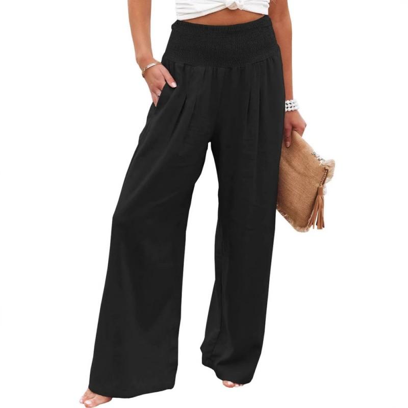 2026 Womens High-Waisted Wide-Leg Trousers Leopard Print Solid Color Casual Pants With Pockets Lightweight Stretchy
