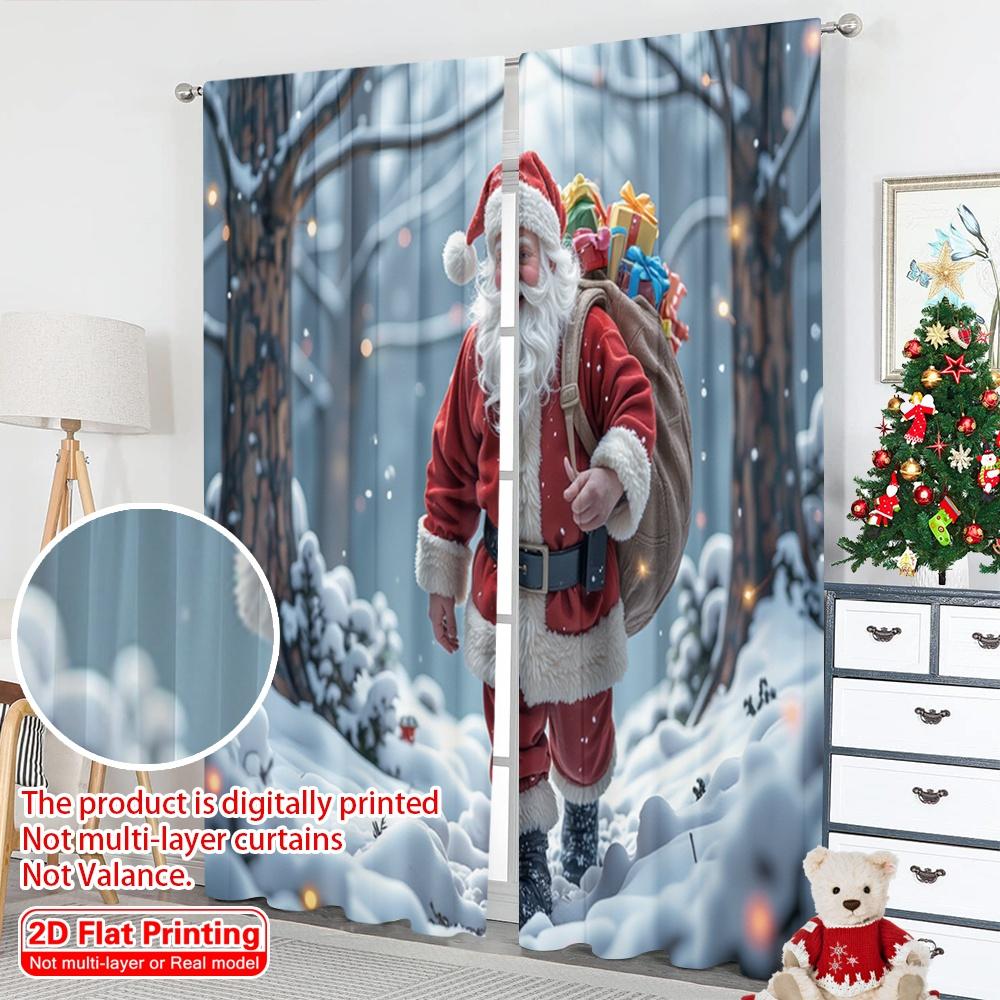 2pcs 2D Flat Printing Merry Christmas Window Drapes Santa Christmas Gifts Snowy Woods 100% Polyester Fabric Without Electricity
