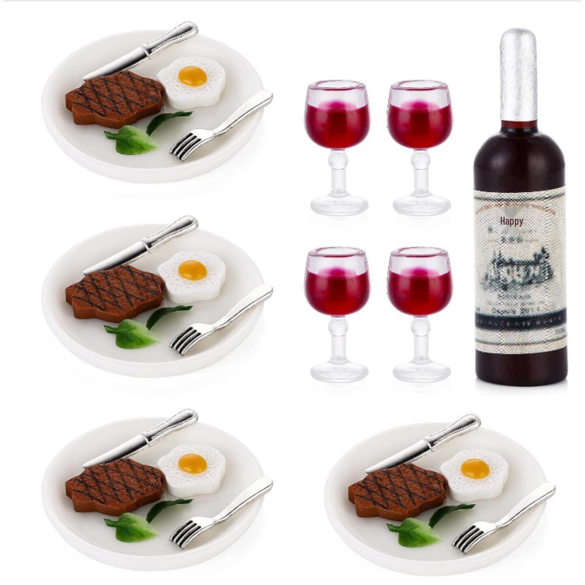 Dollhouse Miniature Red Wine & Steak Set for OB11 - Realistic Food Props & Ornaments