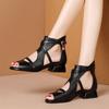 Svart Pu-skinn lavhælte damesandaler Sommer Peep Toe Hollow Comfor Designersko Retro sklisikker uformelle romerske kontorsko