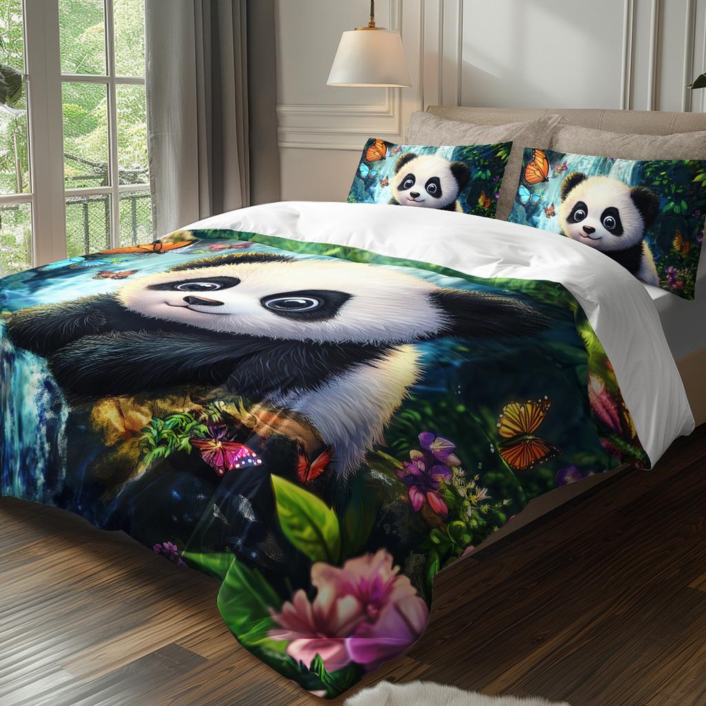 3pcs Cute Panda Butterfly Bedding Duvet Cover Set Panda Waterfall Bedding Quilt Set Animal Themed Bed Quilt Set Lovely Panda