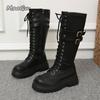 New British Style Belt Buckle Mid-Calf Boots Black Leather Platform Shoes Size 35-42 Vintage Side Zipper Riding Boots for Women