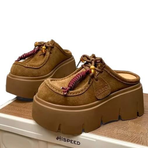 Mjuk lädervariant~ 7cm stort huvud fransad tjocksulad muffin-väska huvud cool bricka skor dam höst 2025 nya halvtofflor