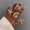 6Pcs/Set Vintage Gold Color Starfish Shell Rings Set For Women Exaggerated Metal Large Pearl  Star Knuckle Rings Beach Jewelry