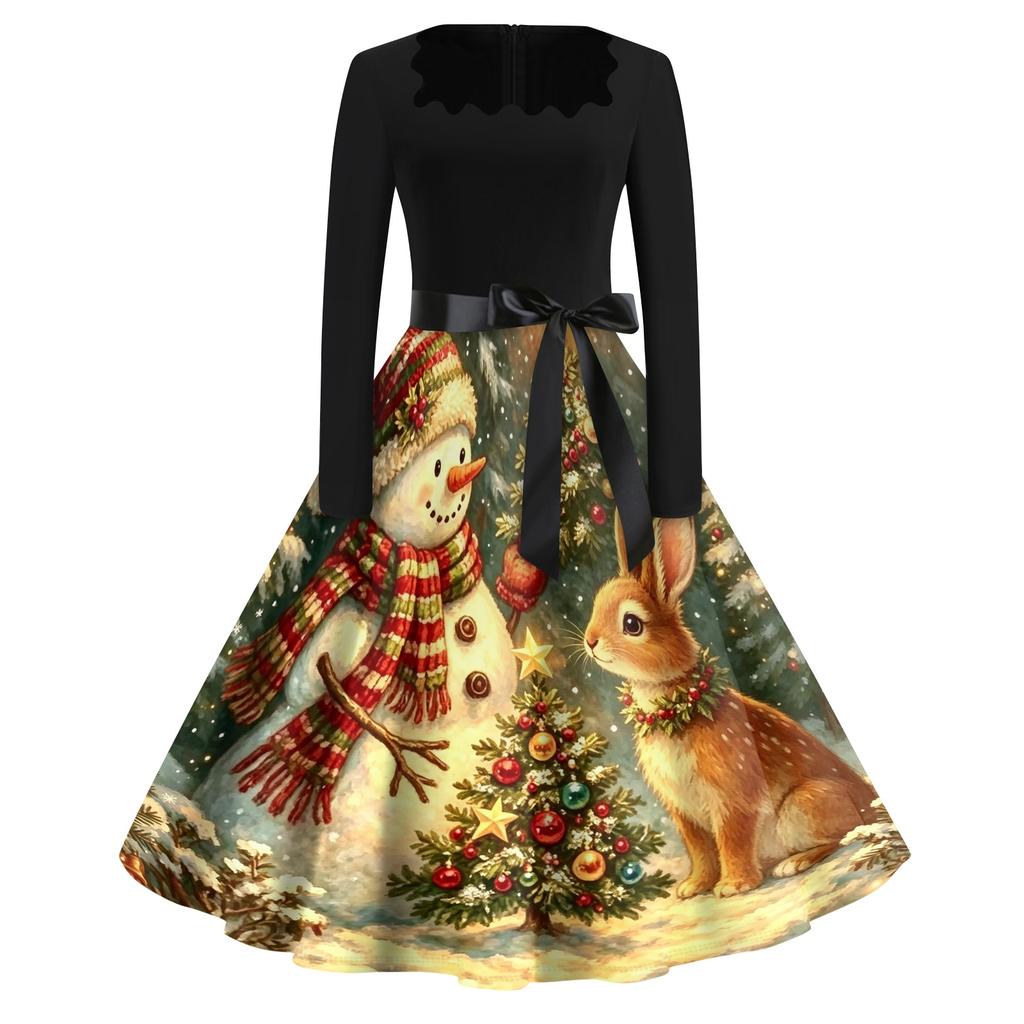 Women's Casual Vintage Dress with Square Neck and Christmas Print for Holiday Party