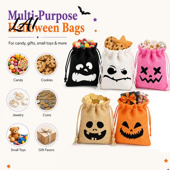 Halloween Candy Bags 5Pcs with Drawstring Funny Ghost Pumpkin Print Gift Pouches Mini for Party Favors And Trick or Treat Sacks Decorative Packaging