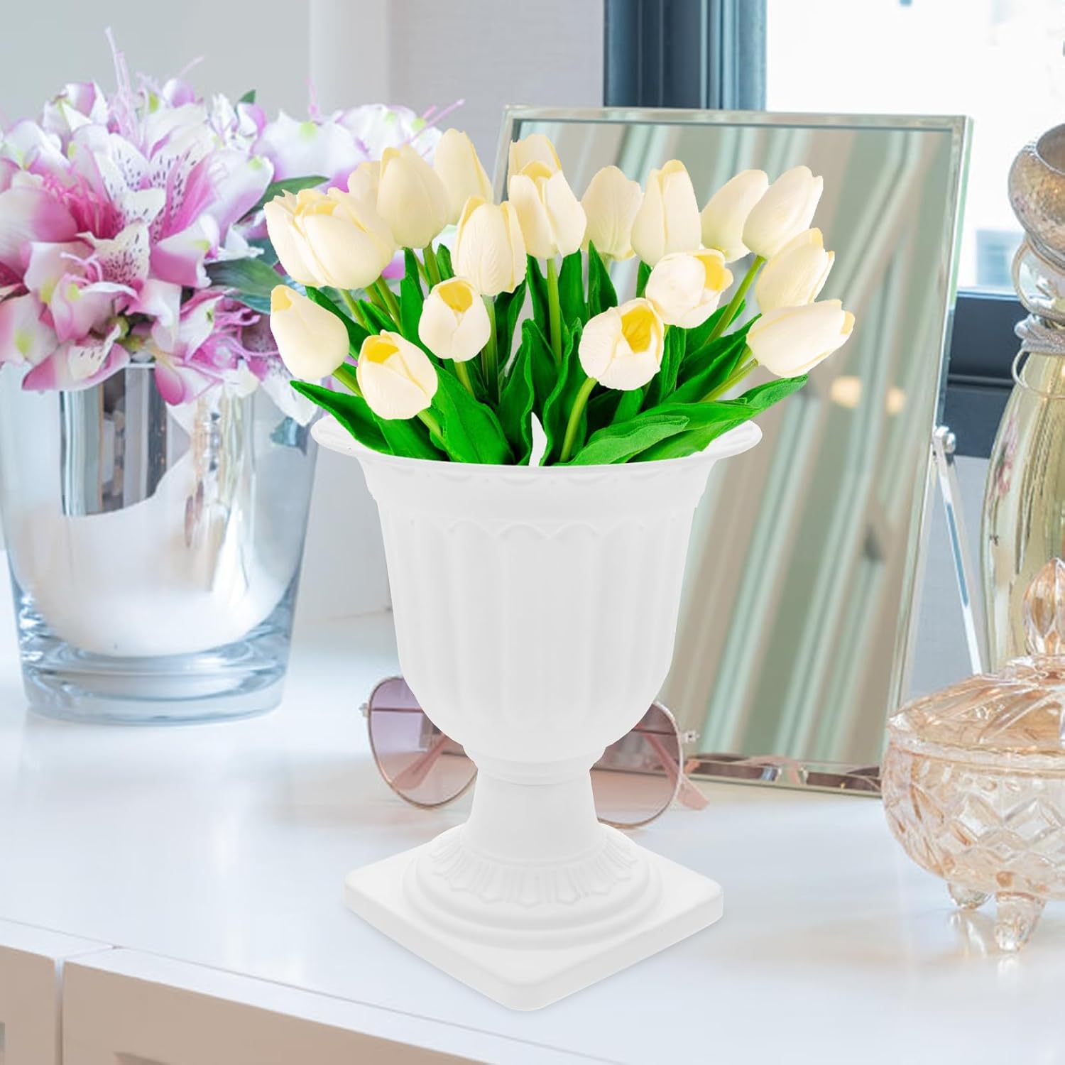 2pcs Urn Planter Flowerpot Flower Stand for Wedding Flower Pots Indoor Front Door Decorations 5 Inch Pots for Plants Tall Planter Outdoor Vase White