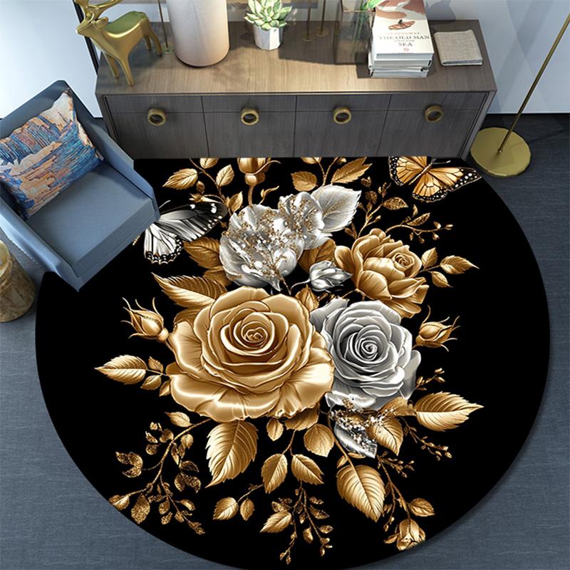 Golden Roses and Butterflies Round Area Rug,Carpet Rug for Living Room Bedroom Sofa Playroom Decor,Non-slip Floor Mat