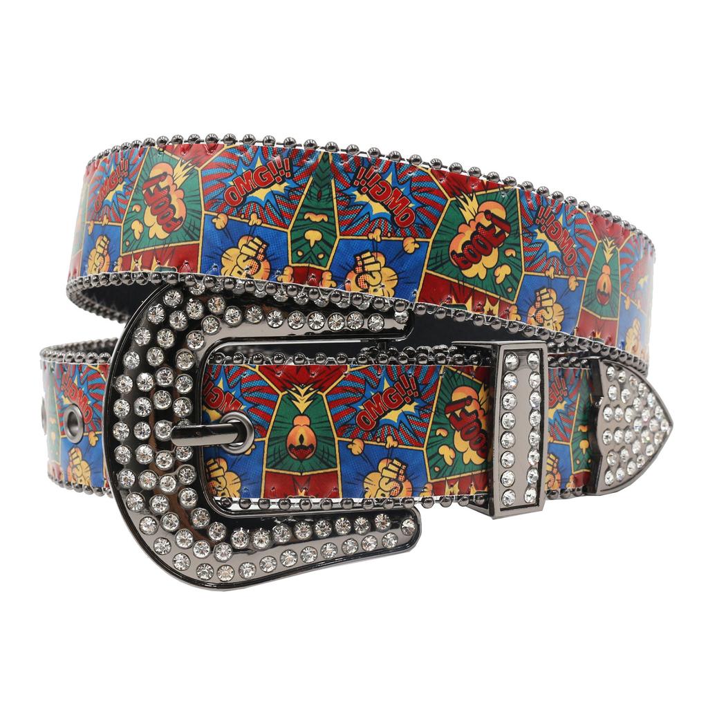 Rhinestone Belt Print Punk Creative Irregular Hand-painted Graffiti Belt Rock Fashion European and American Style PU Belt