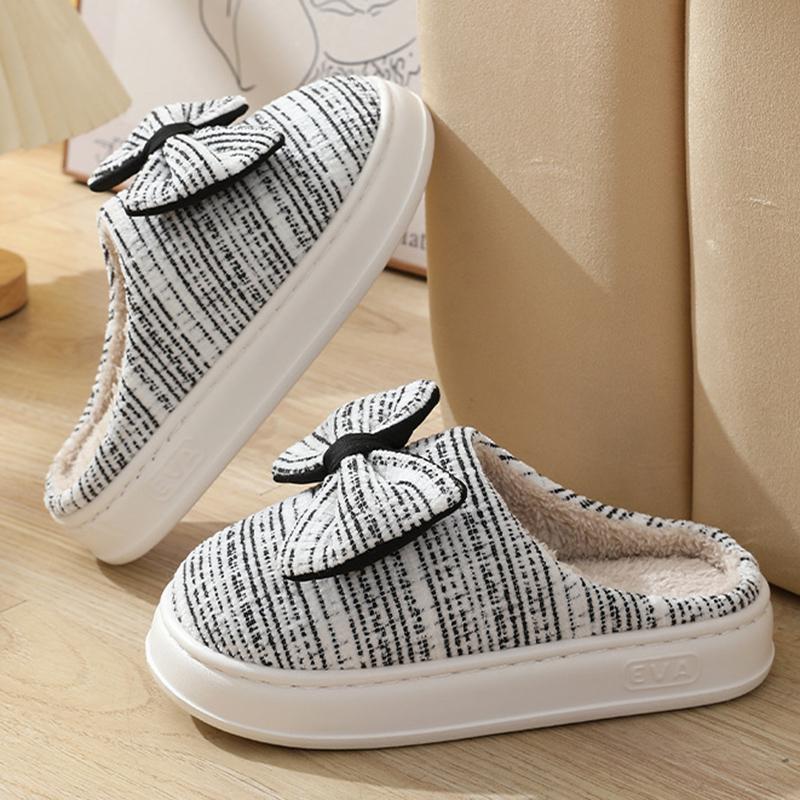 Lucyever милые хлопковые тапочки с бантом женские зимние домашние сохраняющие тепло — фото 6