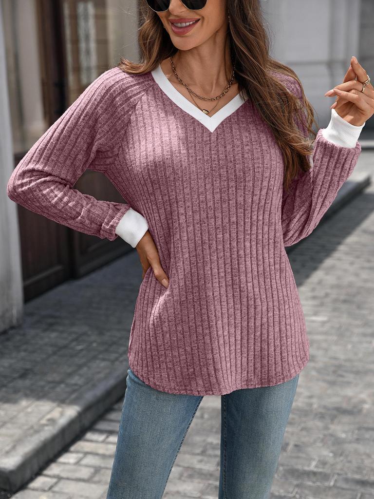 Women's Autumn/Winter V-Neck Color-Blocked Ribbed Sweater T-Shirt