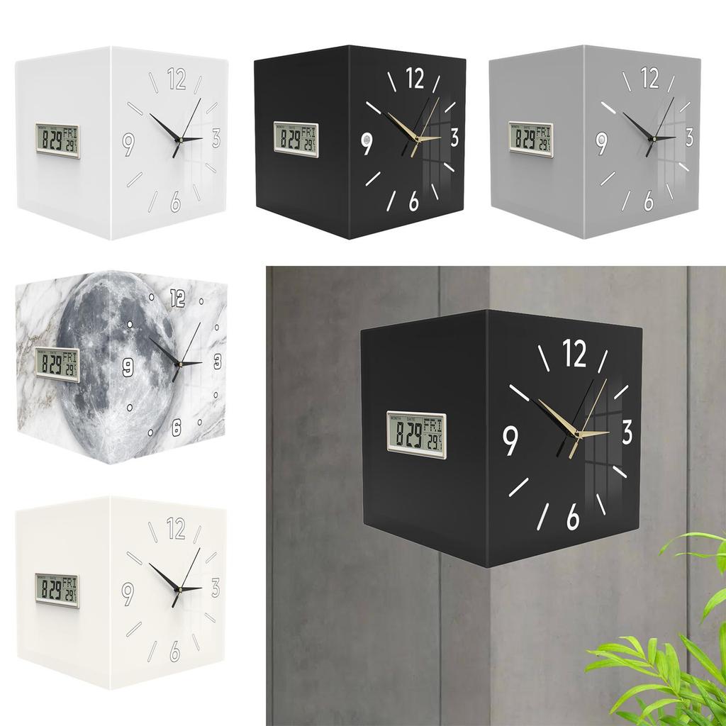 Corner Wall Clock Modern, Temperature Display, Month Date Week Display, Decorative Clock for Living Room Dining Room Home Decor