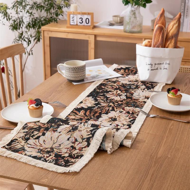 Table Linen Yarn Dyed Tablecloth Jacquard Oil Painting with Small Daisy Fringe Table Flag Placemat Entrance Cabinet Cover