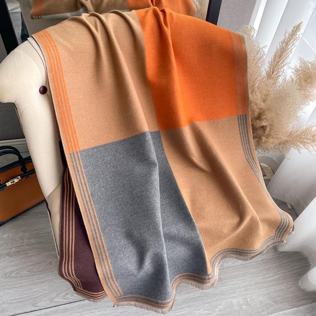 Fashion Korean-Style Colorblocked Faux Cashmere Scarf For Women Air Conditioner Shawl Elegant Thickened Cold-Proof Wrap For Autu