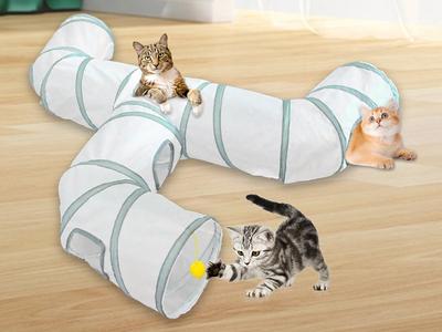 Expandable Cat Tunnel Toy with Multiple Entrances and Hanging Ball Interactive Pet Play Tube for Small Pets and Cats