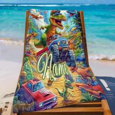 Custom Dinosaur Car Beach Towel Personalized Name Jurassic Microfiber Bath Towels Soft Quick Dry Pool Lounger All Season Use