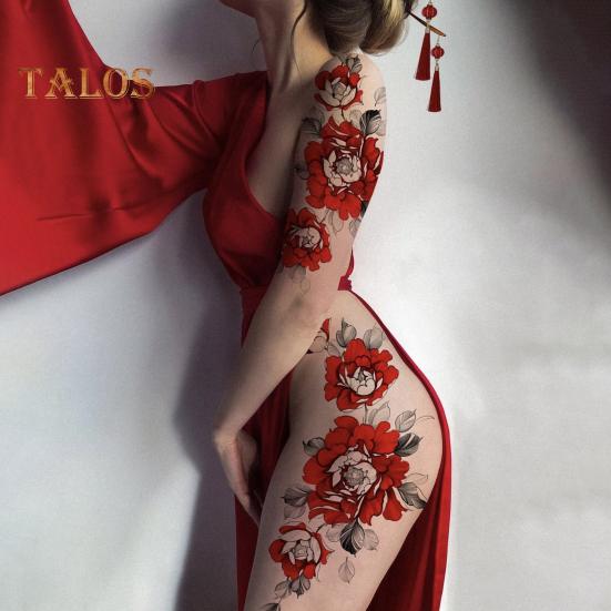 Chinese Floral Temporary Tattoo Sticker Red Flower Waterproof Body Sticker Long Lasting Fake Tattoos Festival Party Skin Art Stickers