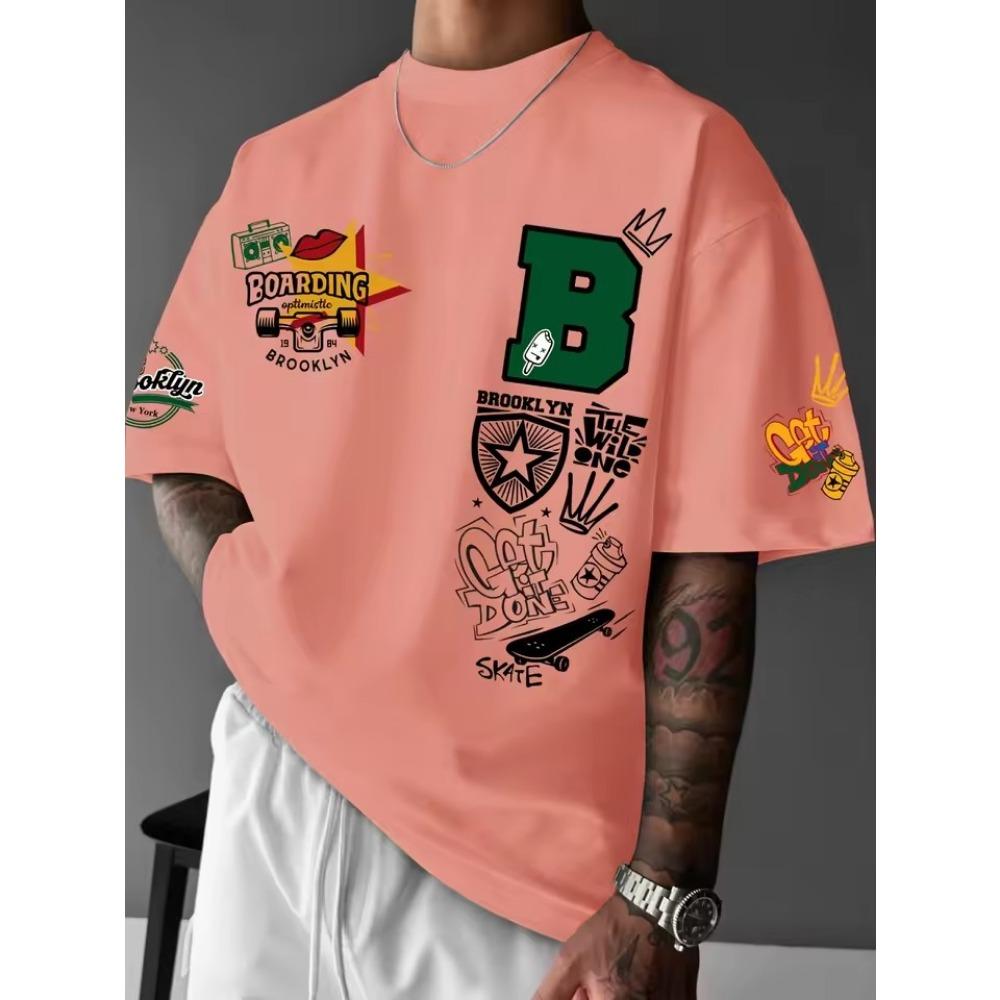 Summer Men's Fashionable Cartoon Letter Printed Breathable Round Neck T-shirt Outdoor Urban High Street Casual Top