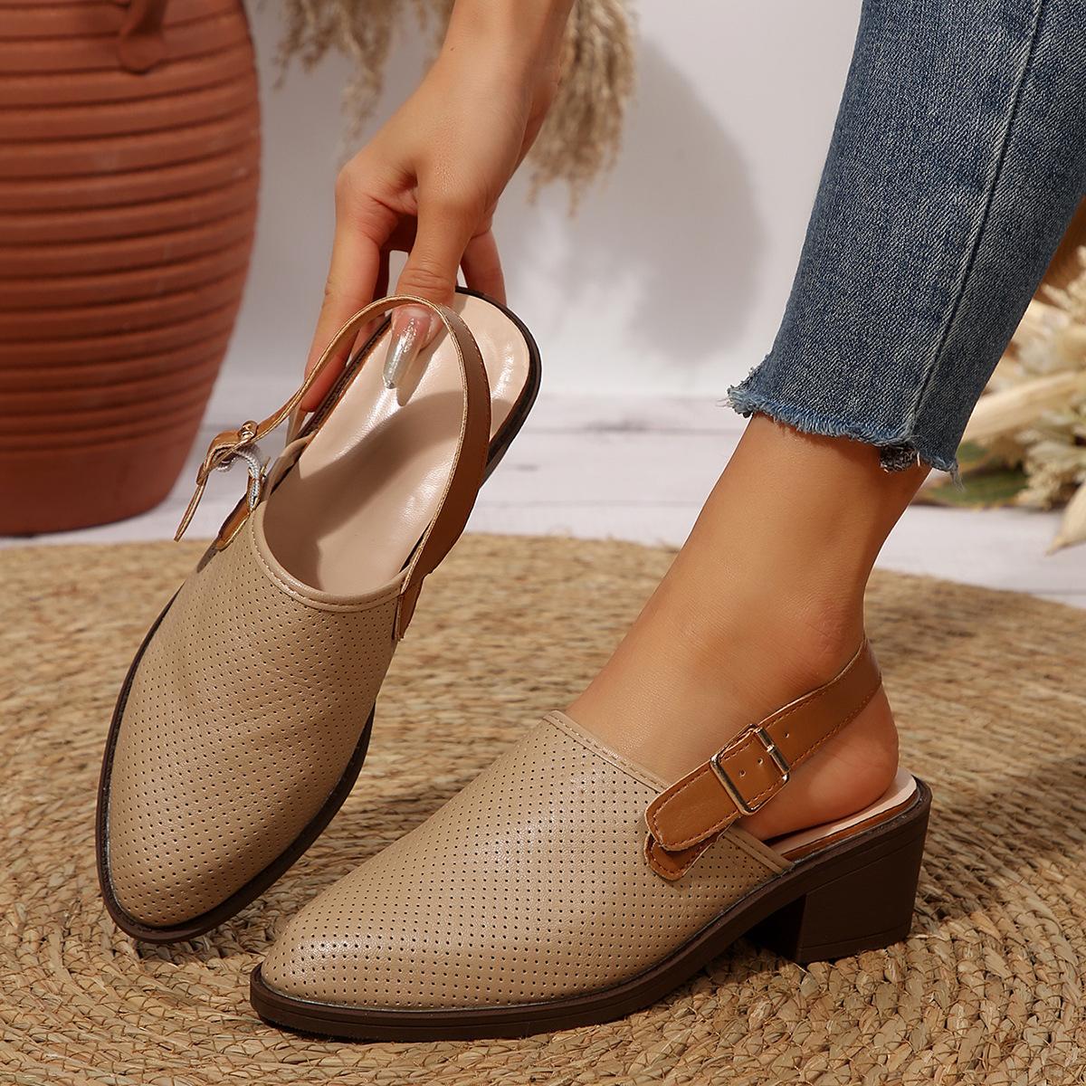 

Summer new thick heel pointed buckle bag head sandals fashion middle heel shoes hole shoes breathable shoes 42 абрикосовый