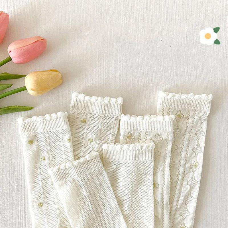 3Pairs/Set White Floral Baby Girls Socks Summer Breathable Mesh Knee High Sock Korean Kids Princess Ruffle Long Socks