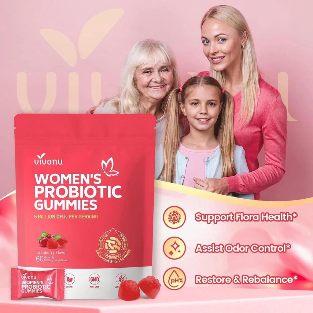 60 Women Probiotic Gummies, Probiotics for Women, Cranberry Flavour, 5 Billion CFU for Intimate and Digestive Health
