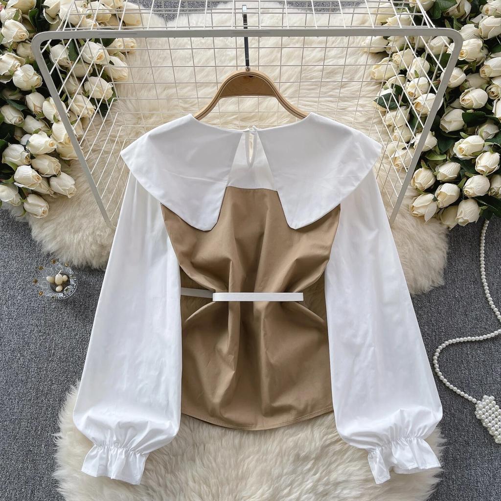 Korean Series Short Shirts for Women, Puff Sleeve Top, Large Lapel, Contrast Color, Patchwork, Early Spring Wear, New Fashion