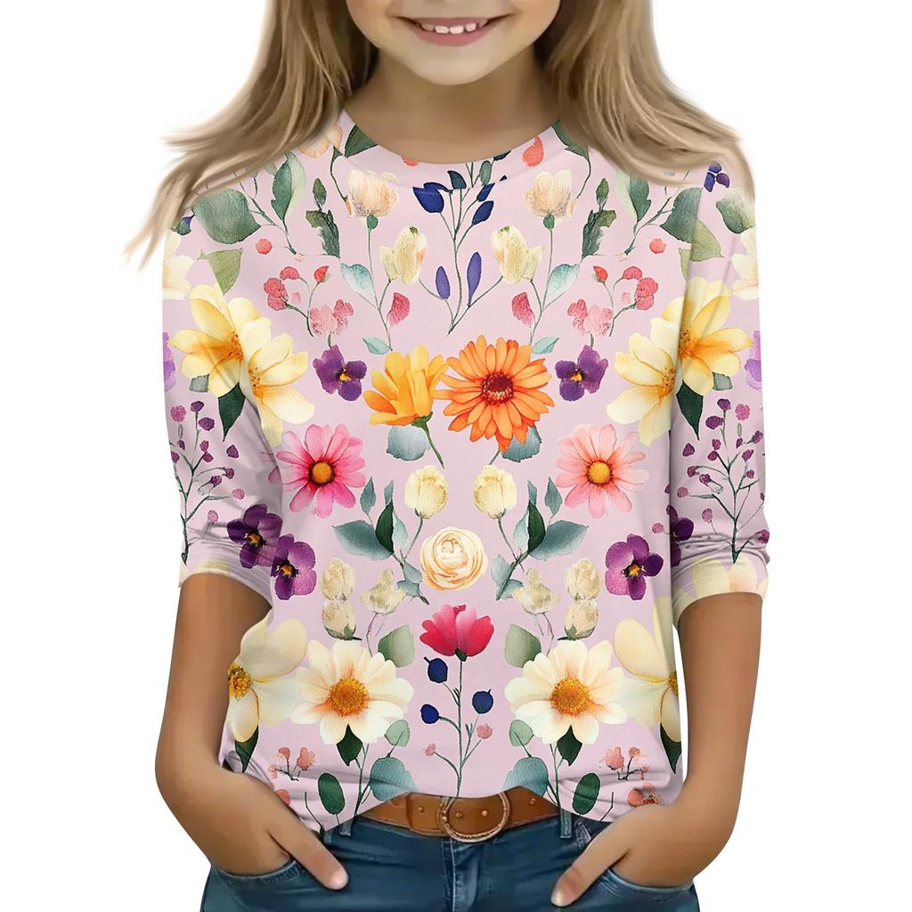 Print Tops For Youth Girls 5-16 Years Round Neck 3/4 Sleeves T-Shirts Trendy Tops Outfit Tees