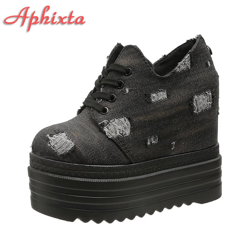 Aphixta Blue Denim Upper Platform Ankle Boot Height Increasing Women Back Zip Shoes Thick Botton Sole Lace Up Botas Mujer